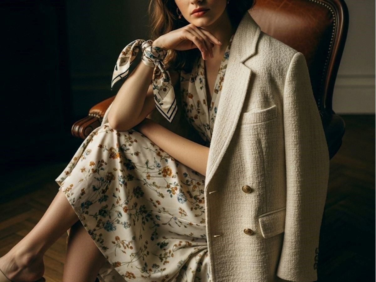 Phong cách retro nữ với váy hoa nhí và blazer