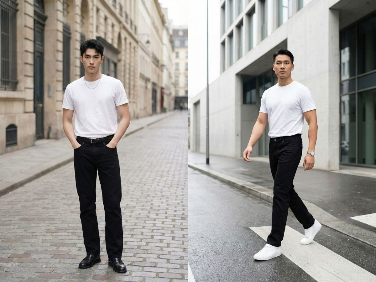 Jeans ống đứng đen phối với áo thun trắng