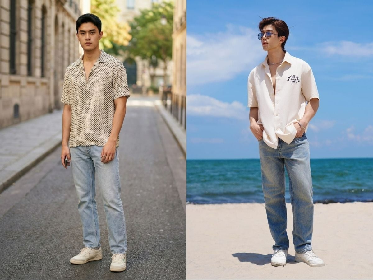 Jeans ống đứng phối với áo sơ mi họa tiết