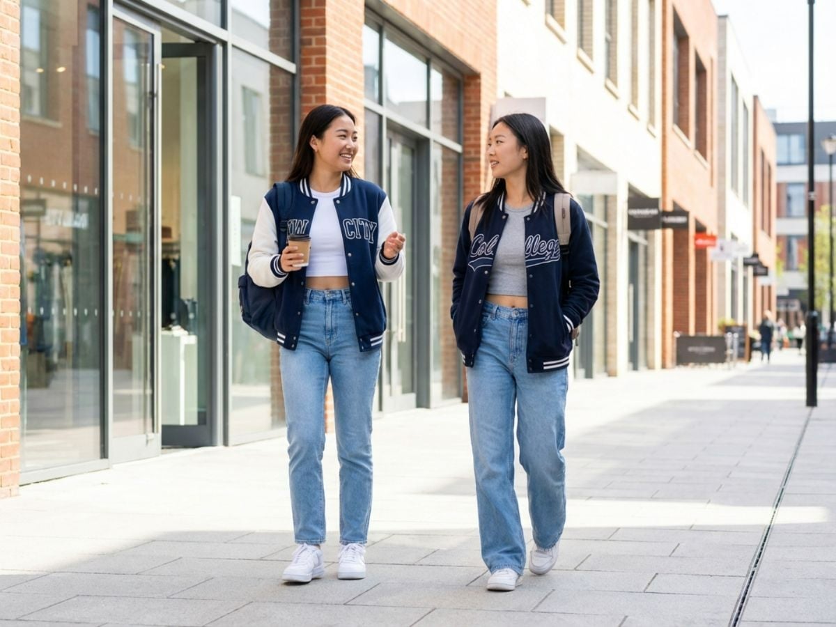 Áo varsity phối jeans và crop top trẻ trung