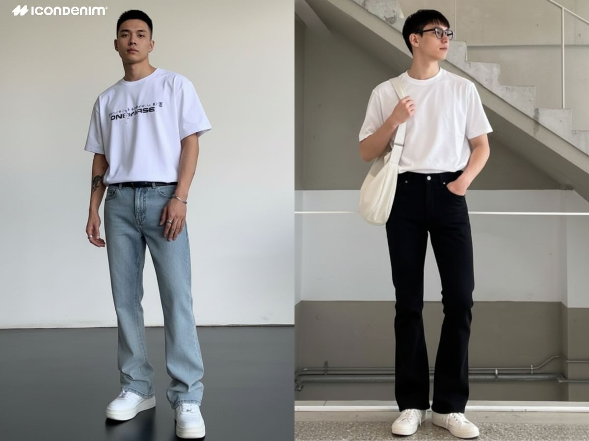 T-shirt trắng sơ vin nhẹ, quần loe đen, sneaker trắng