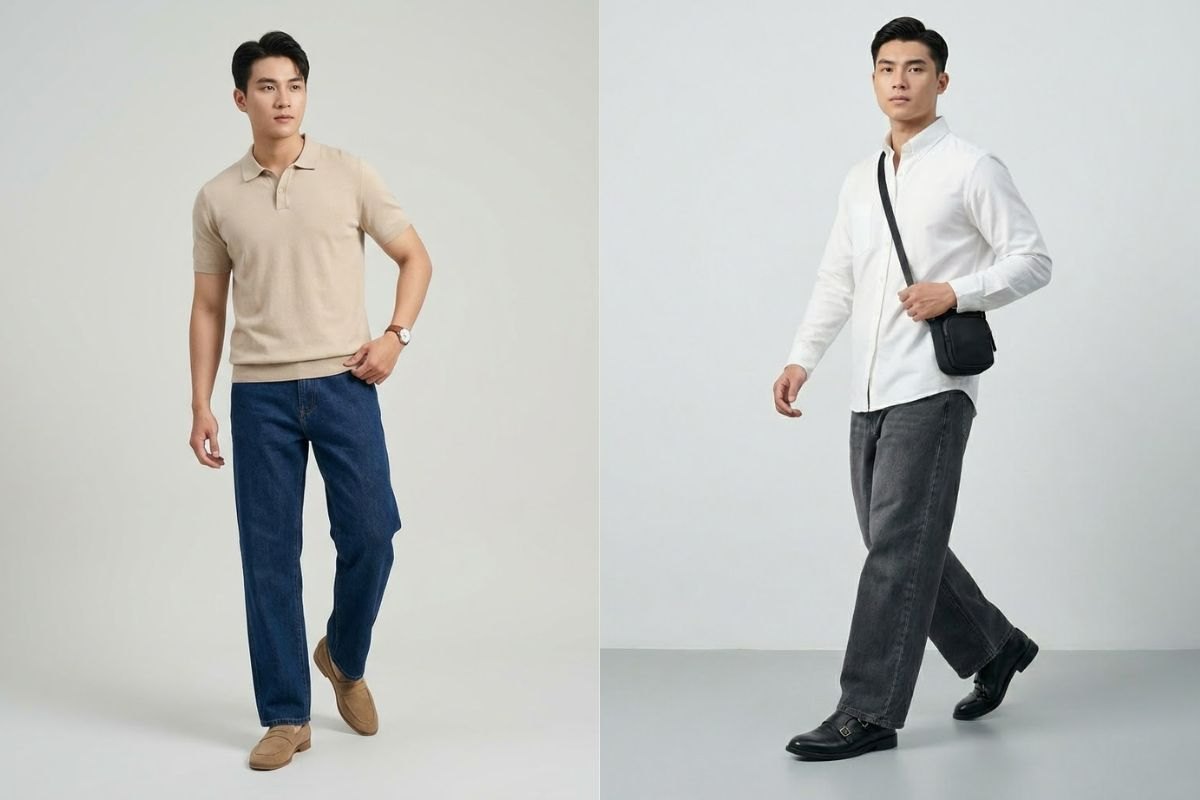 Giày loafer và monkstrap phối với quần jean ống rộng nam