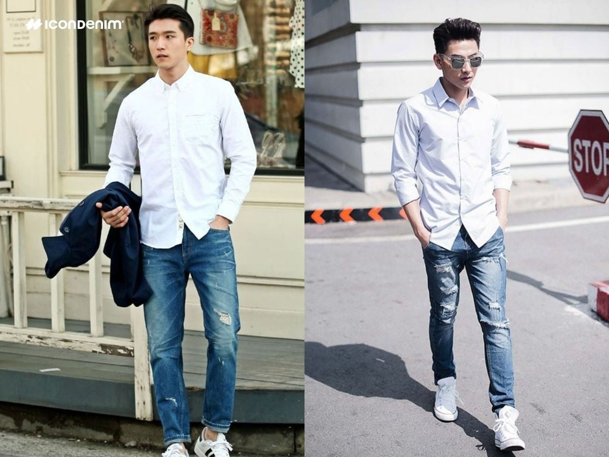 Phong cách casual với quần jeans và áo sơ mi trắng