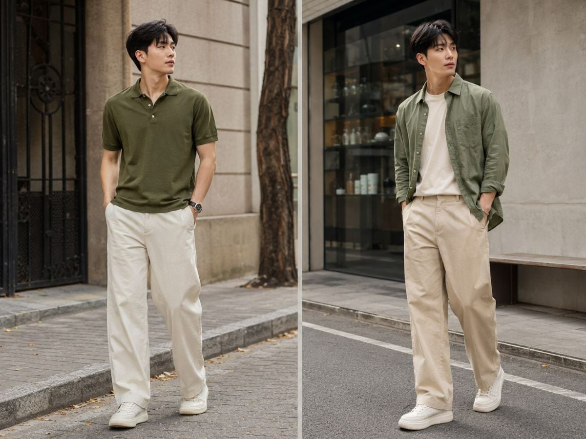 Outfit thanh lịch với áo xanh lá và màu be