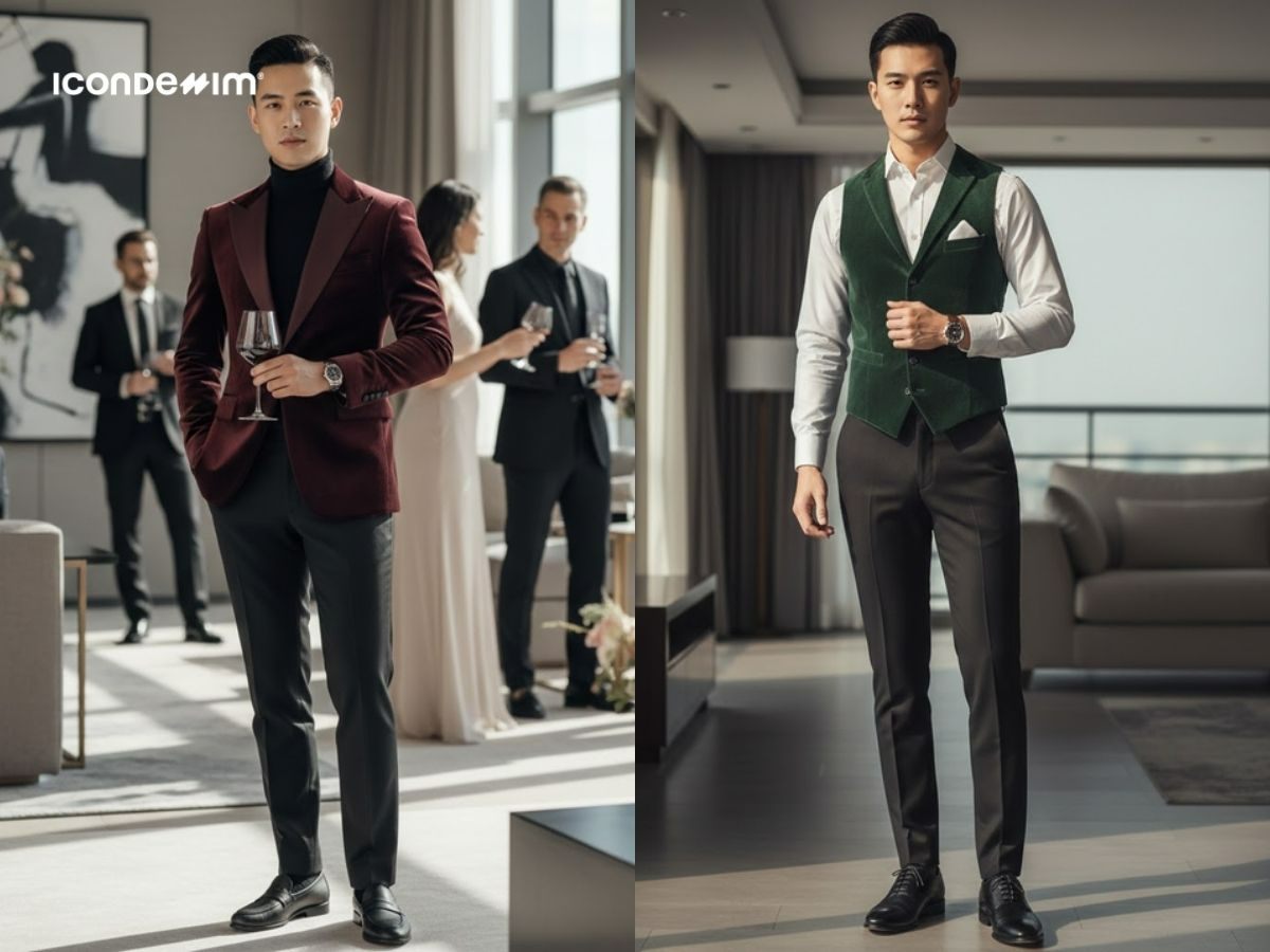 Trang trọng khi đi chúc Tết sếp với áo vest nhung và quần tây