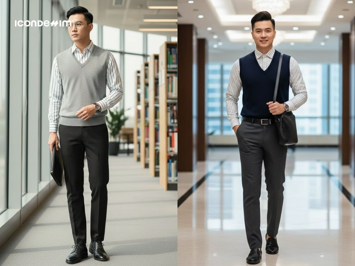 Ấm áp nhưng cũng rất thanh lịch với áo gile len phối sơ mi