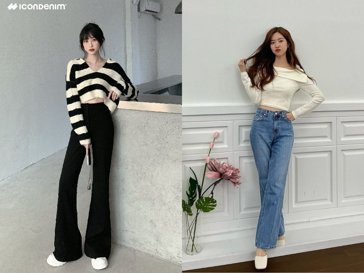 Outfit thu đông với áo len cổ lọ và quần loe