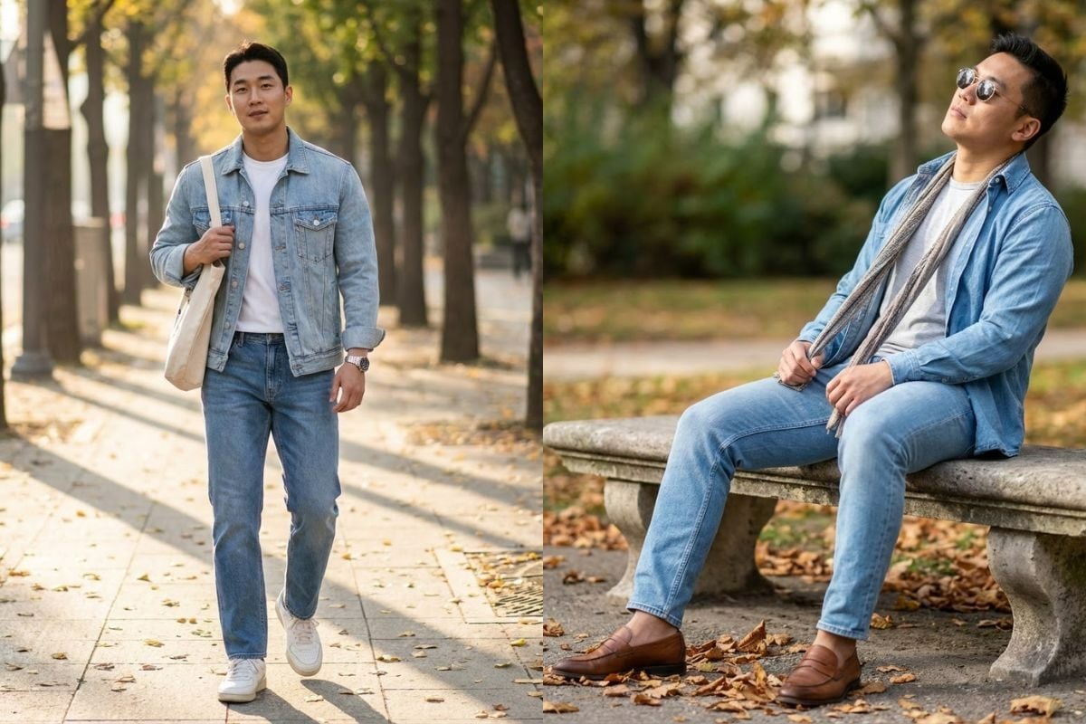 Layer season với áo thun, áo khoác denim và jean đồng tông