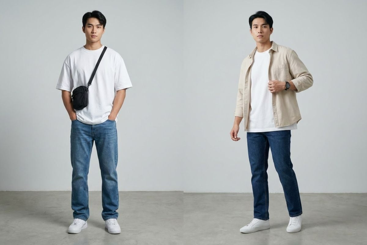 Áo thun oversized và quần jean ống suông