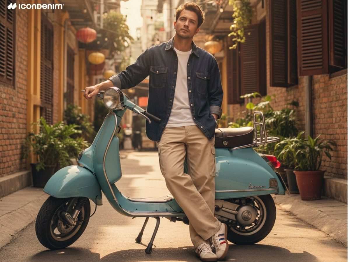 Outfit cá tính với quần cargo và áo sơ mi denim