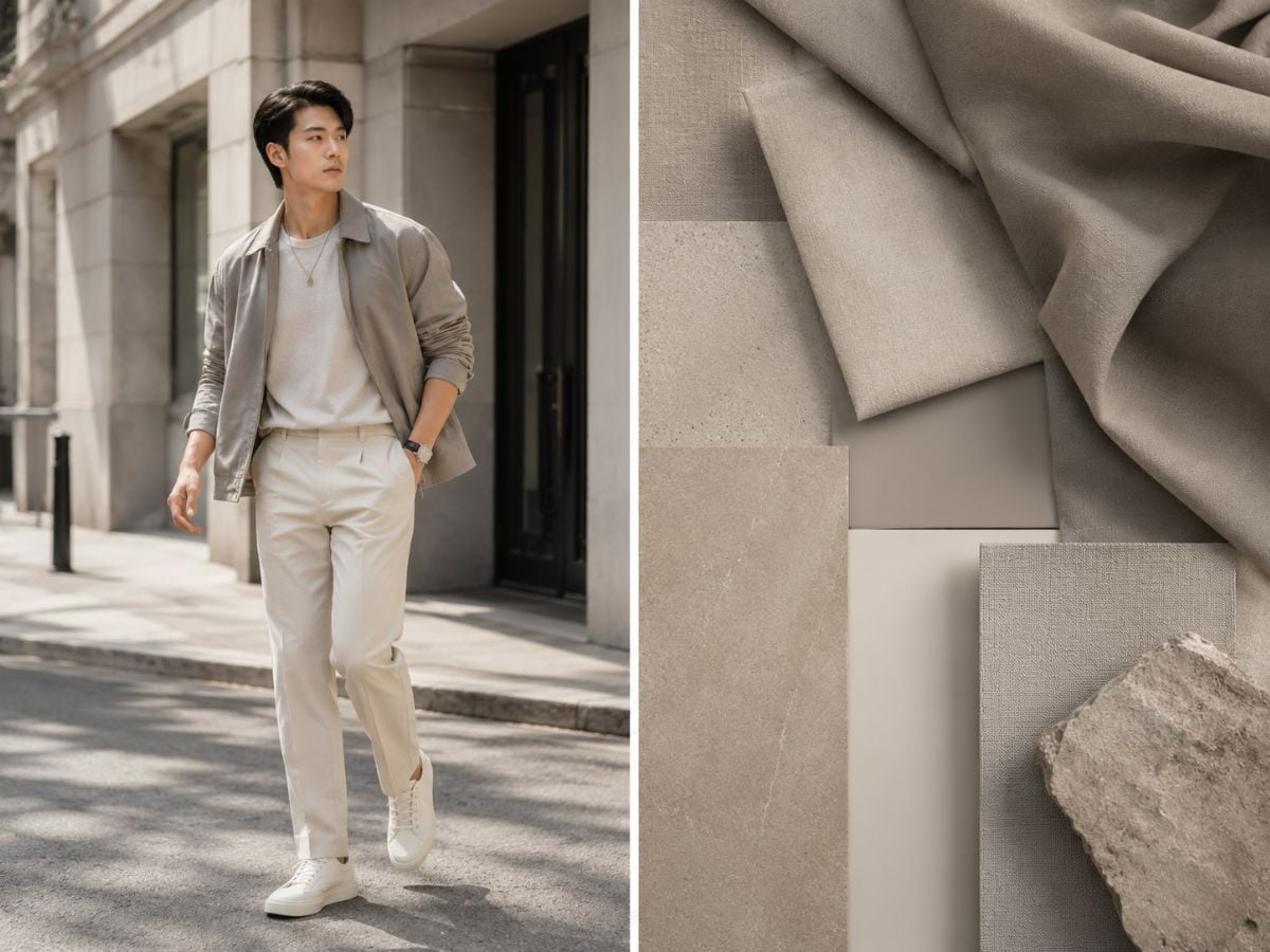 Màu be xám tạo outfit hiện đại, tinh gọn