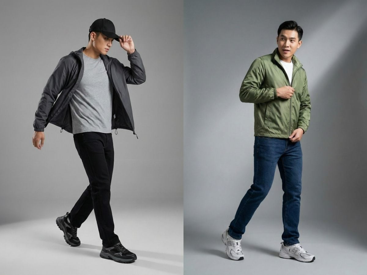 Quần jean với áo khoác gió (windbreaker)