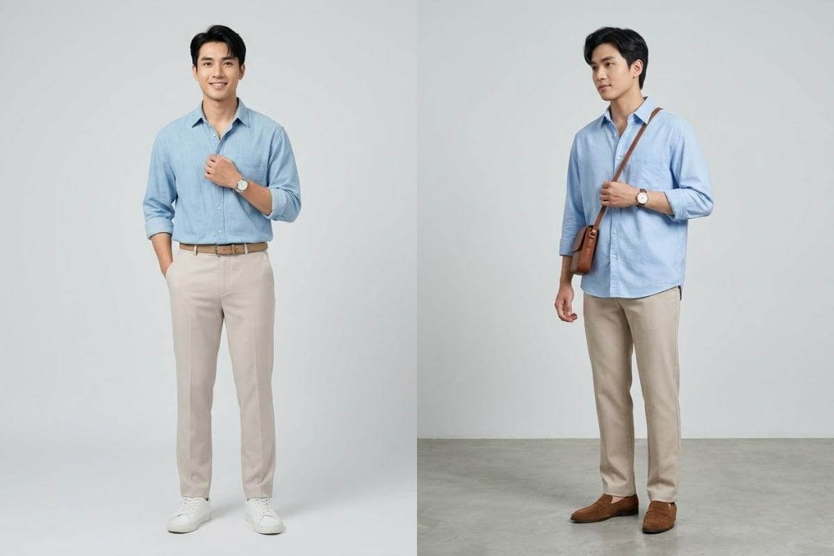 Đồ nam công sở với áo sơ mi xanh nhạt và quần tây be