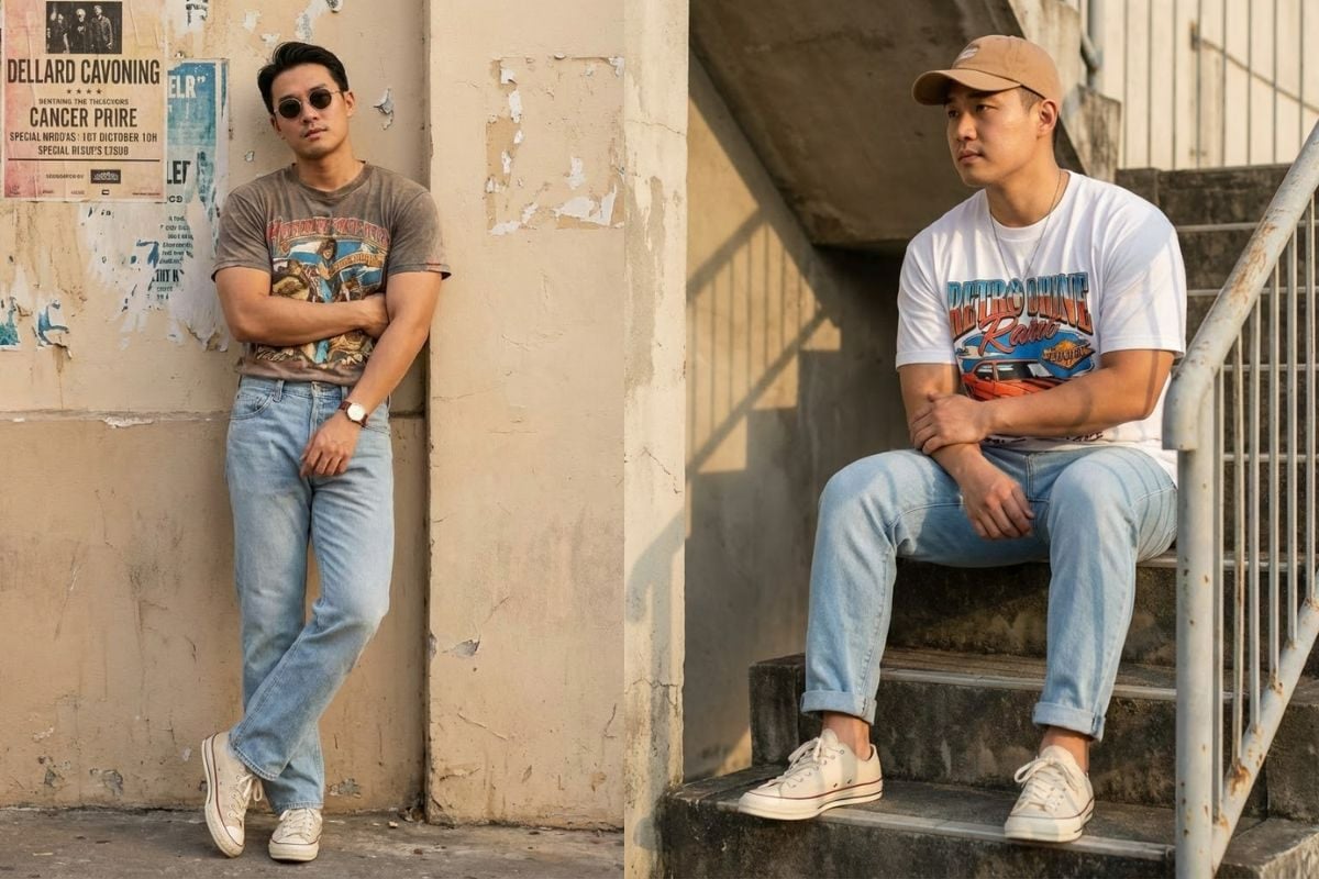 Retro vibe với áo thun graphic và jean xanh nhạt