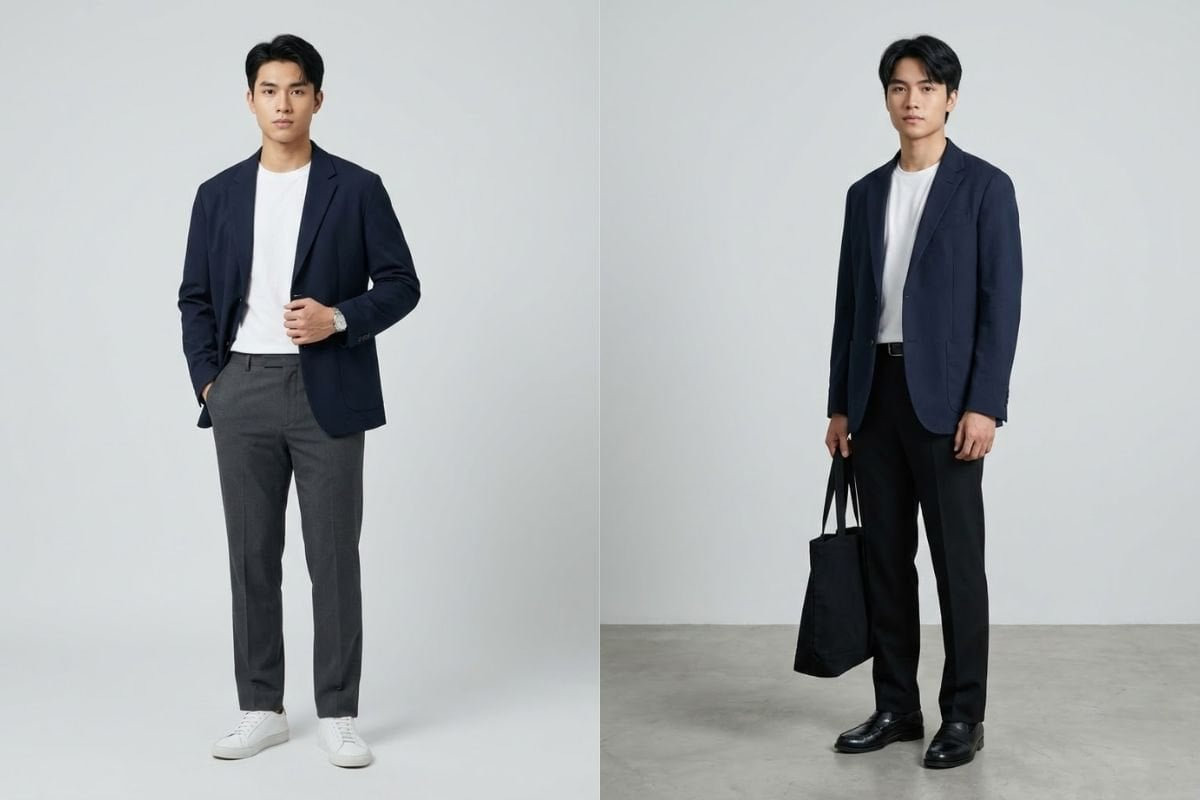 Blazer xám hoặc navy, áo thun trơn và quần tây ống suông