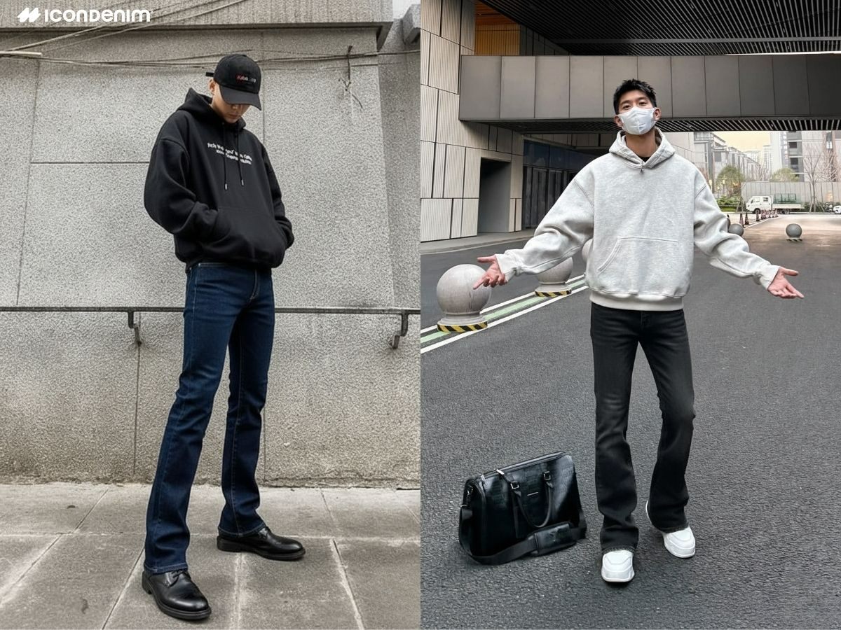 Mix and match hoodie, quần jeans ống loe