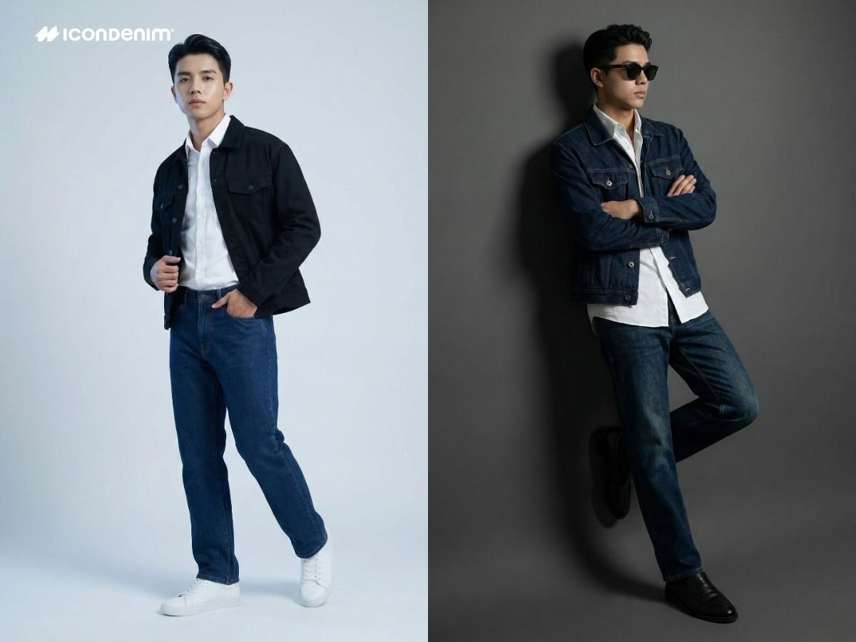 Mix and match quần jeans xanh, áo khoác jeans và áo sơ mi trắng