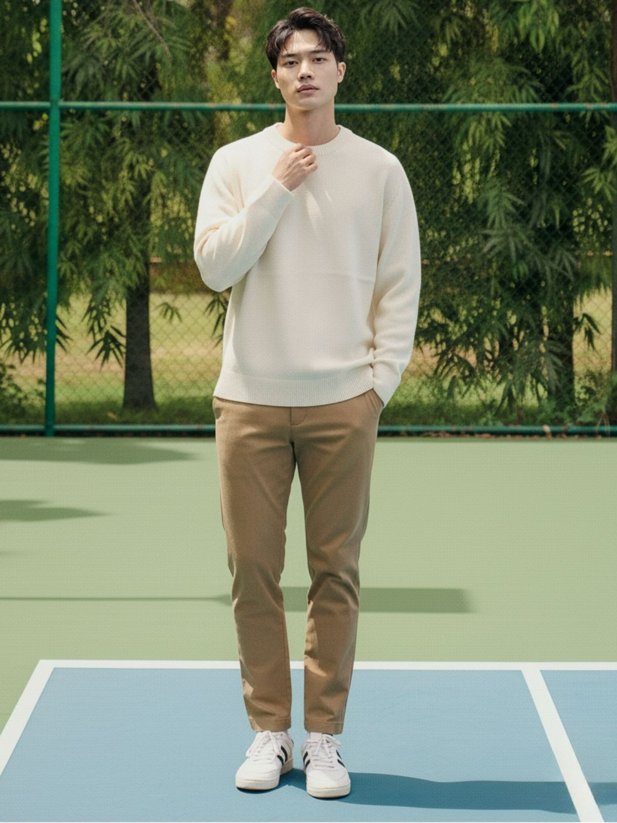 Retro sporty swear với áo sweater và quần chinos