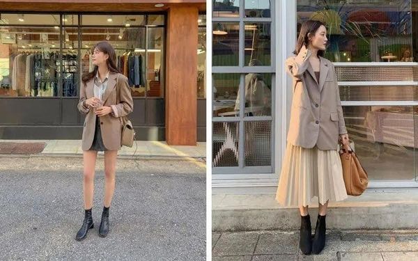 Túi Nâu + Blazer Be/Nude + Chân Váy