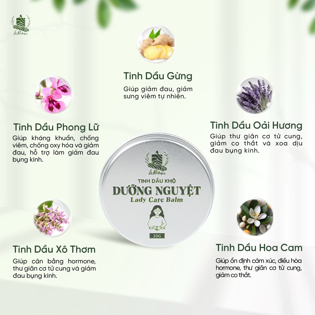 Năm loại tinh dầu thiên nhiên trong Dưỡng Nguyệt giúp giảm đau bụng kinh và cân bằng hormone