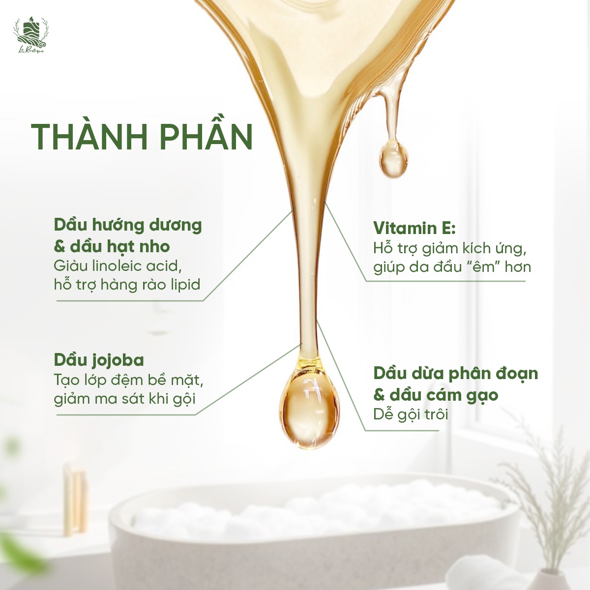 Dầu massage thiên nhiên Le Rustique với các thành phần hỗ trợ viêm bã tiết da đầu và da đầu gàu