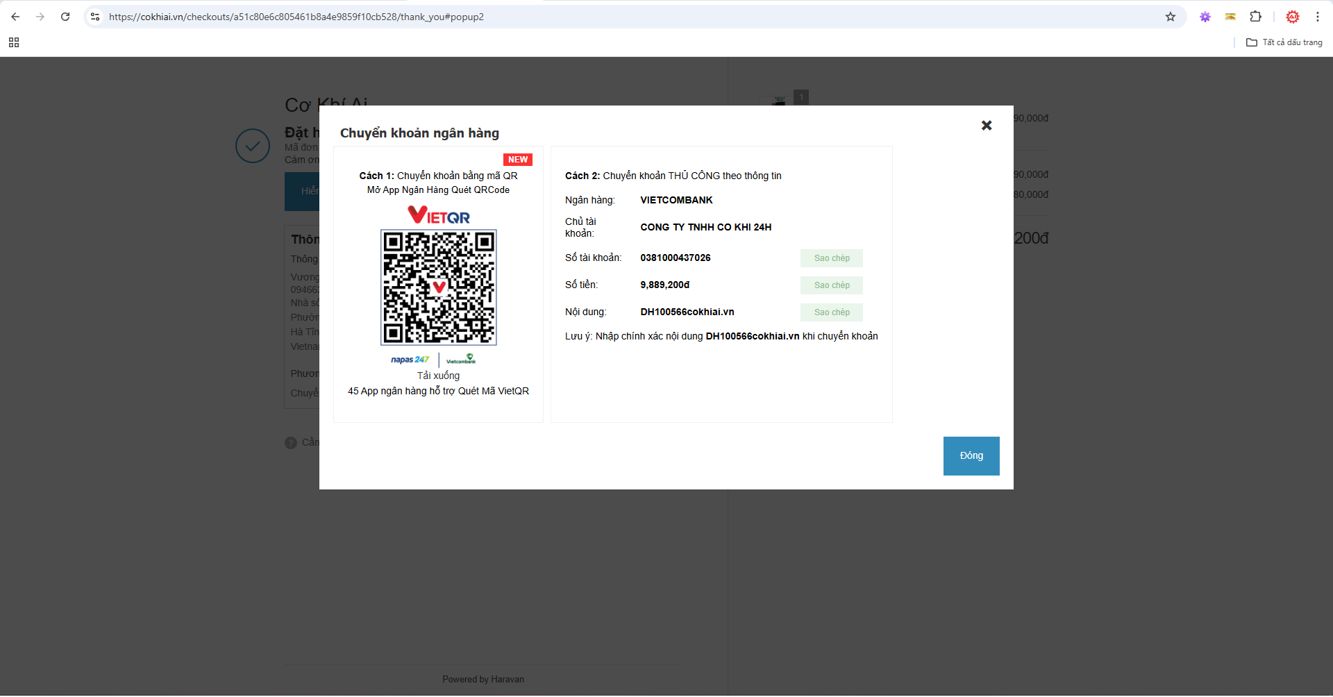 Thanh toán chuyển khoản tại cokhiai.vn