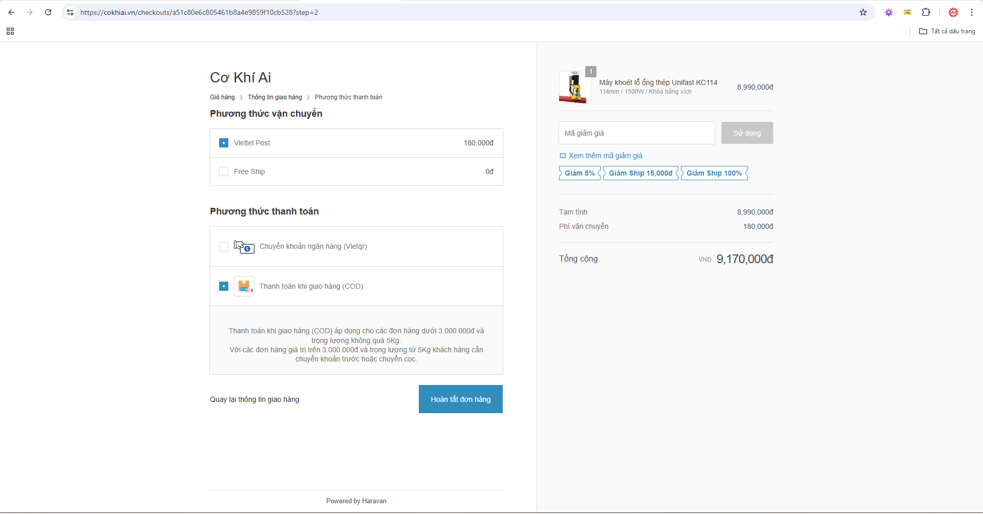 Thanh toán COD tại cokhiai.vn