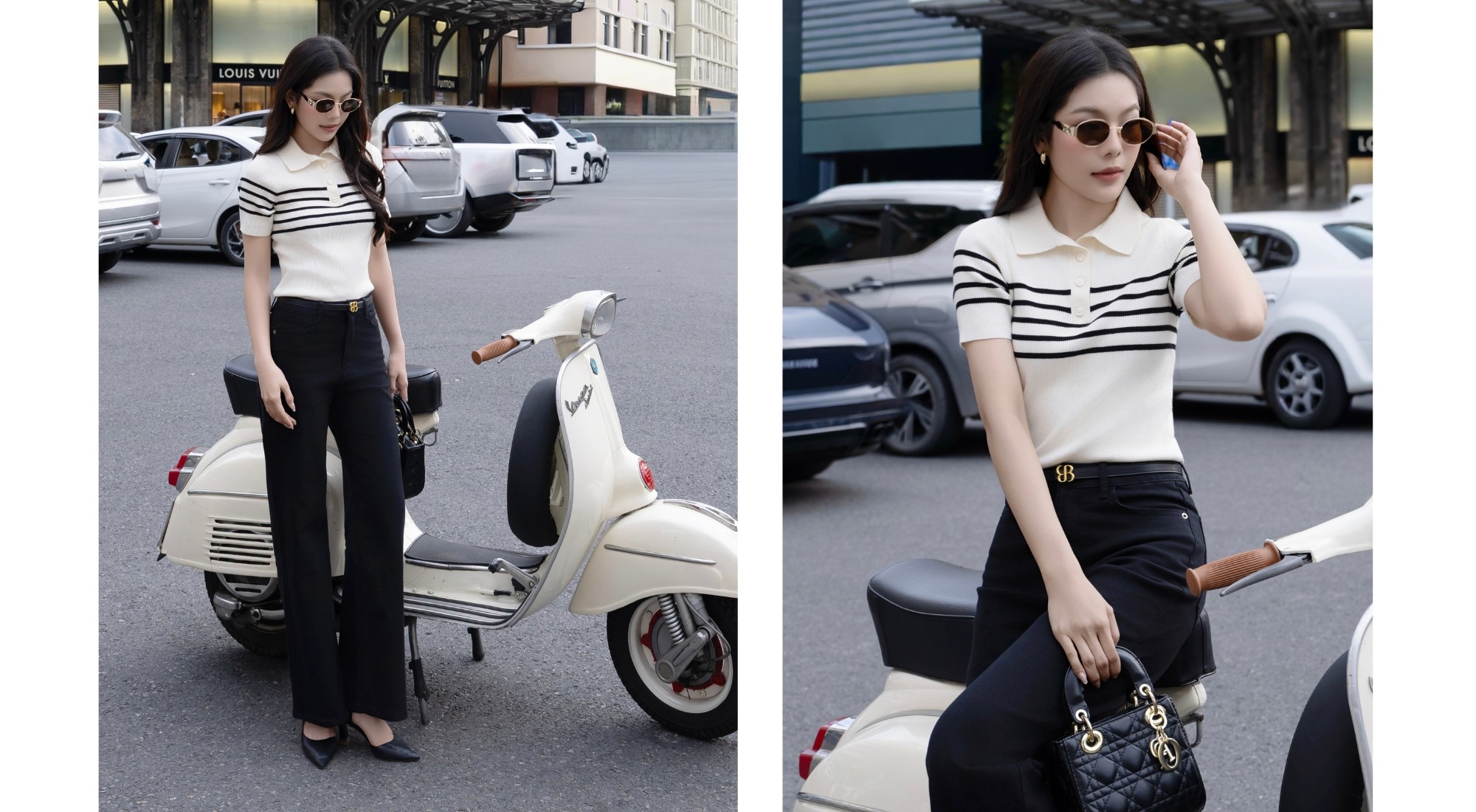 Áo dệt kim sọc ngang cổ polo