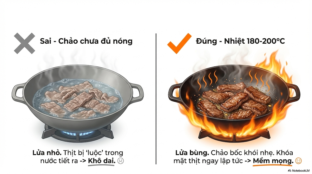 Bước 3 — Phi tỏi và xào thịt bò (5 phút)