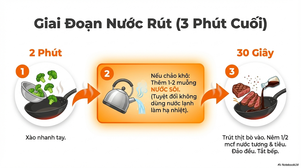 Bước 4 — Cho bông cải vào xào (3 phút)