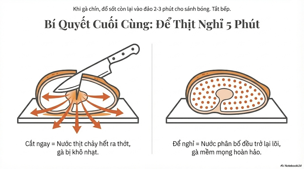 Quan trọng nhất: lấy gà ra khỏi chảo và để nghỉ 5 phút trước khi cắt.