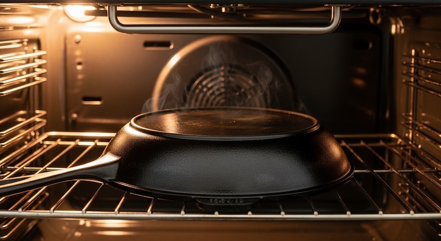 Cách 1: Tôi dầu chảo gang bằng Lò nướng (Phương pháp hiệu quả nhất)