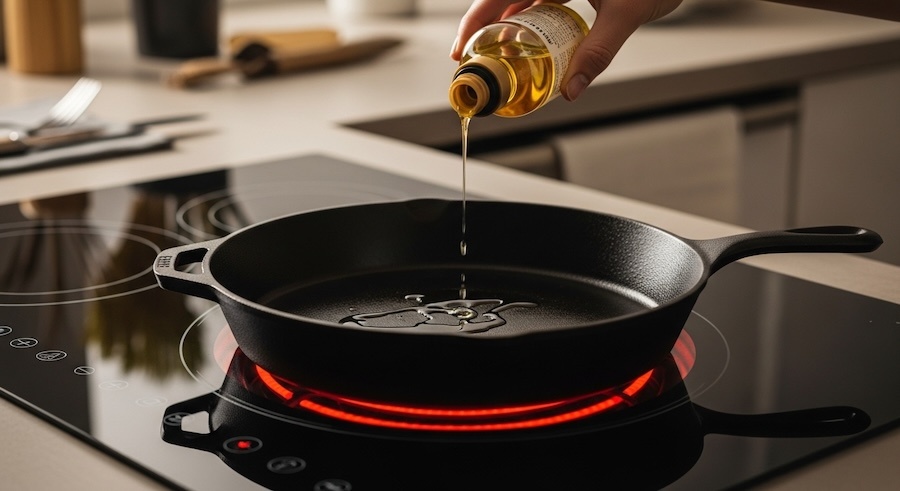 Cách 2: Tôi dầu chảo gang bằng Bếp (Bếp ga / Bếp hồng ngoại)