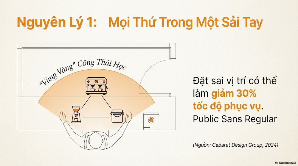 Đây là khu vực nằm trong bán kính một vòng quay của Barista (đứng yên và xoay người). Theo các nghiên cứu về công thái học (Ergonomics), việc đặt thiết bị sai vị trí có thể làm giảm 30% tốc độ phục vụ