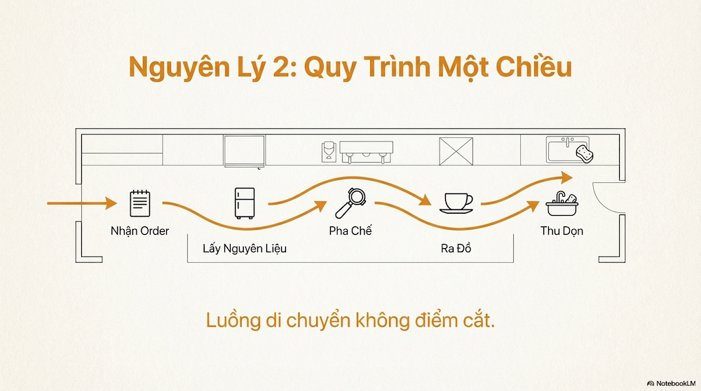 Hãy tận dụng triệt để không gian dưới gầm và trên cao. Đừng để bất cứ thứ gì ít dùng (như bao bì dự trữ, chai lọ syrup chưa khui) chiếm chỗ trên mặt bàn thao tác.