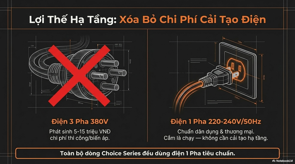 Chi phí điện thực tế — máy 1 pha 220V tiết kiệm hơn ra sao?
