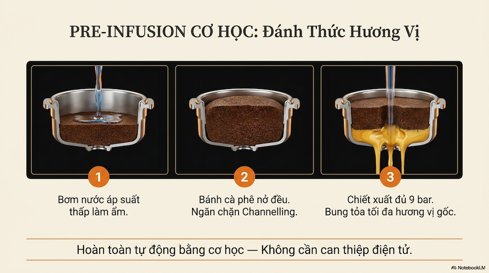 Pre-infusion cơ học — Bước làm ẩm trước khi chiết xuất