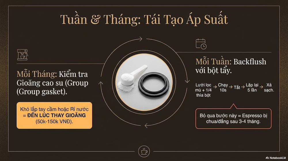 Bảo trì tuần và tháng — backflush, vệ sinh group gasket