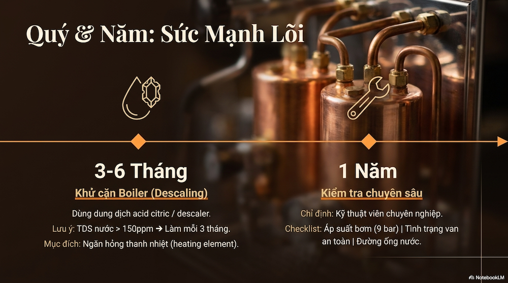 Bảo trì quý và năm — descaling boiler, kiểm tra bơm
