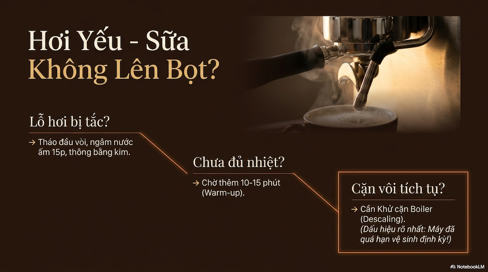 Hơi nước yếu, sữa không đủ bọt