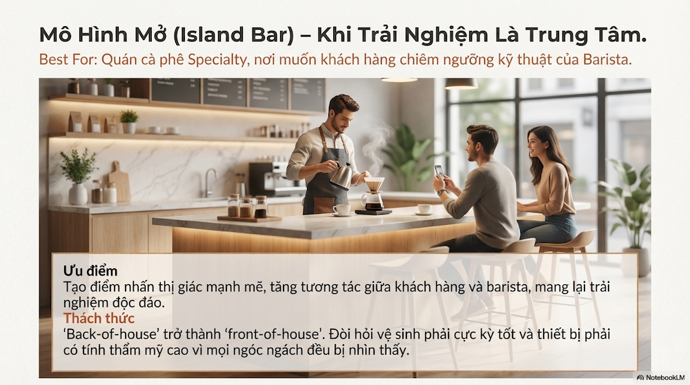 Mô hình quầy pha cà phê: 4 Layout Tối Ưu Vận Hành & Quy Tắc "1 Chiều"