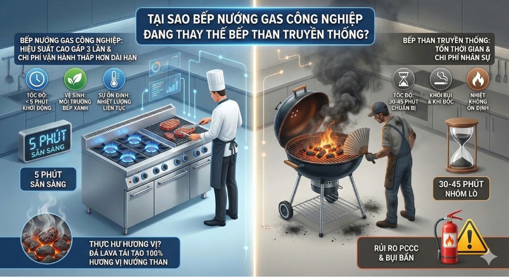 Mua Bếp Nướng Gas Công Nghiệp: Chọn Đá Lava & Combi Cho Nhà Hàng