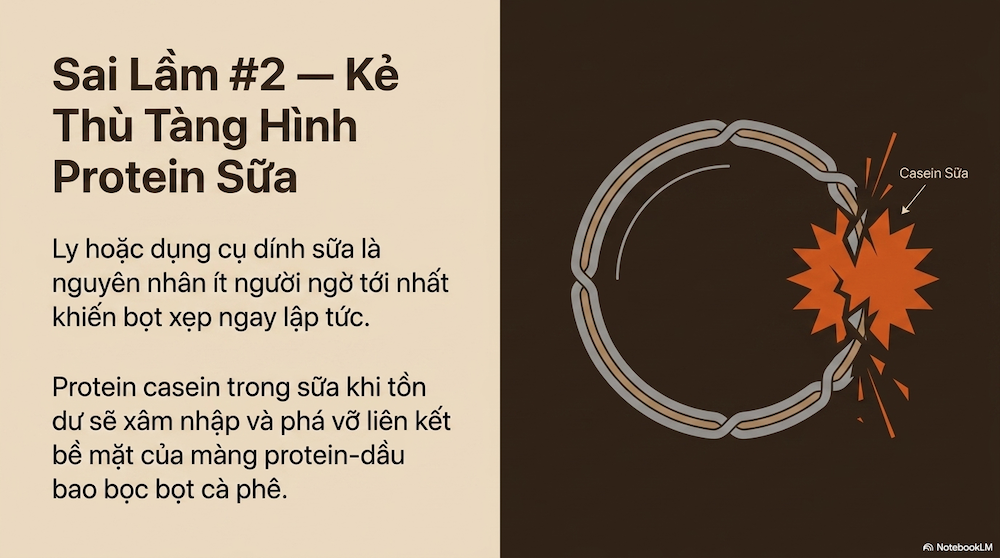Sai Lầm #2 — Ly Hoặc Dụng Cụ Dính Sữa → Protein Phá Cấu Trúc Bọt
