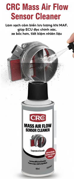 CRC Mass Air Flow Sensor Cleaner: Làm sạch cảm biến lưu lượng khí MAF, giúp ECU đọc chính xác, xe bốc hơn, tiết kiệm nhiên liệu.