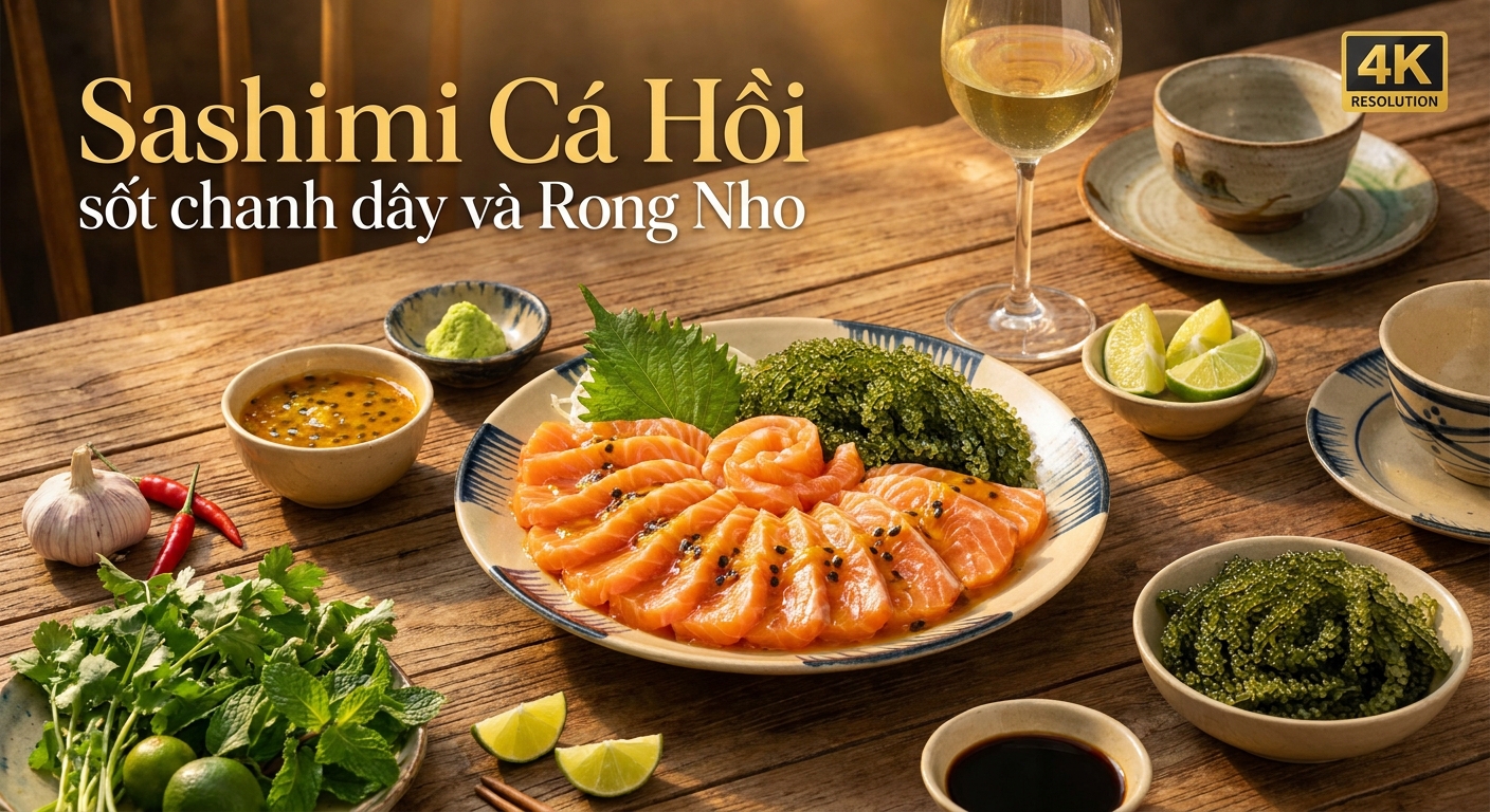 Bí quyết làm Sashimi Cá Hồi sốt chanh dây và Rong Nho giòn tươi