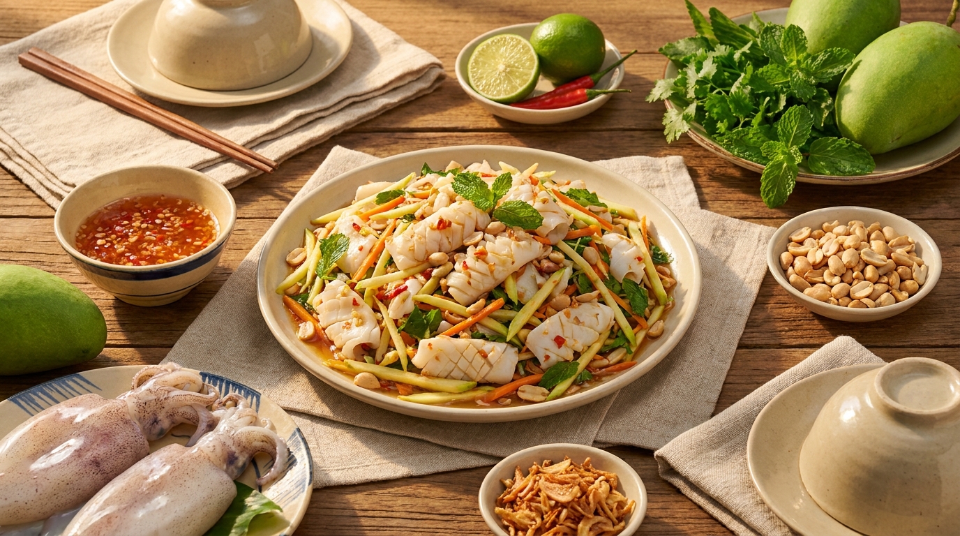 Công thức Gỏi Mực Lá Câu xoài xanh chua cay giòn sần sật, giải nhiệt ngày hè