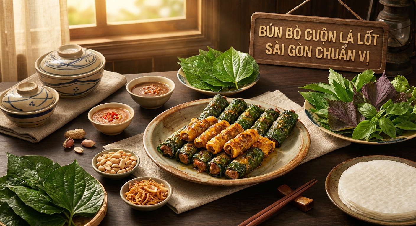 Cách làm Bún Bò Cuộn Lá Lốt chuẩn vị Sài Gòn ngon như nhà hàng