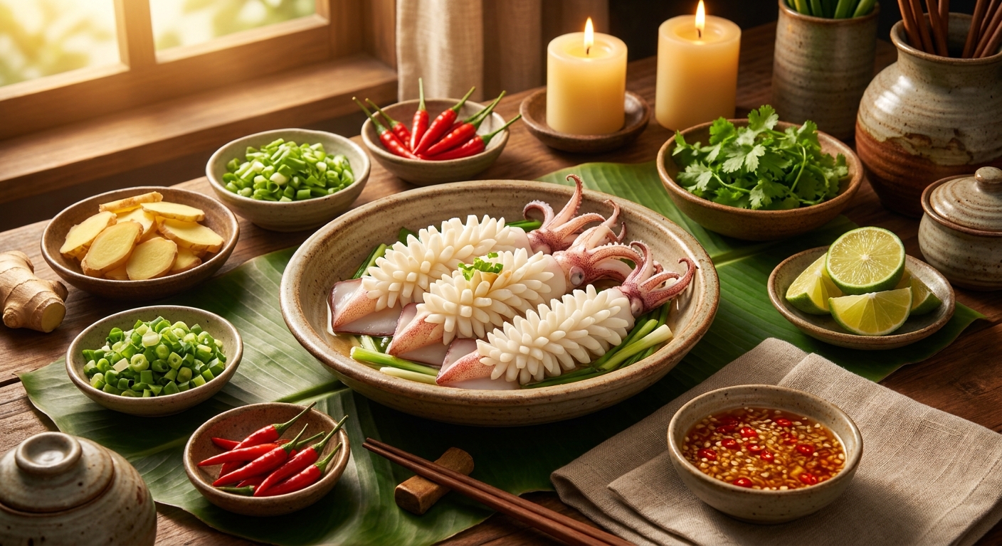 Công thức Mực Cắt Hoa hấp gừng hành lá thanh mát giữ trọn độ giòn