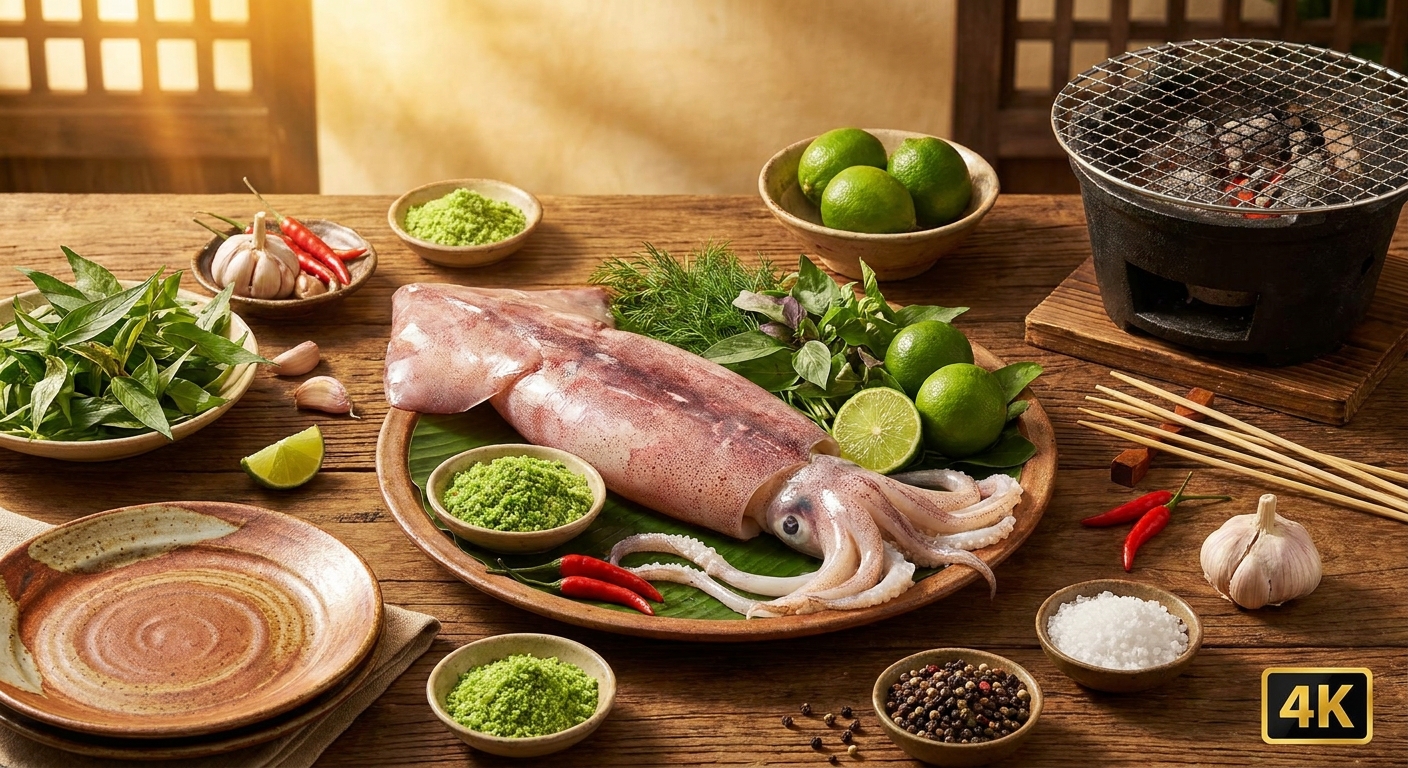 Hướng dẫn Mực Ống Nướng Muối Ớt Xanh: Chuẩn Vị Đặc Trưng Nhà Hàng Hải Sản