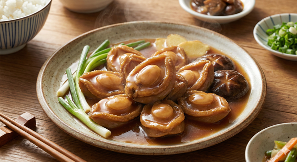 Đĩa bào ngư Nissi sau khi chế biến, trông mọng nước và đầy đặn]
